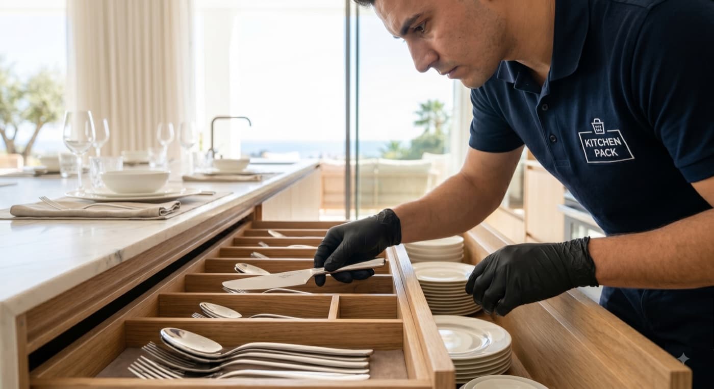 A Kitchen Pack team member setting a table as part of installation